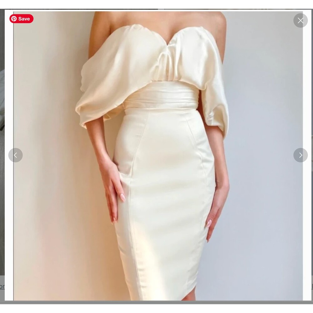 House of CB Ivory Satin Corset Dress Puff Sleeve Midi Bridal Cocktail Dress